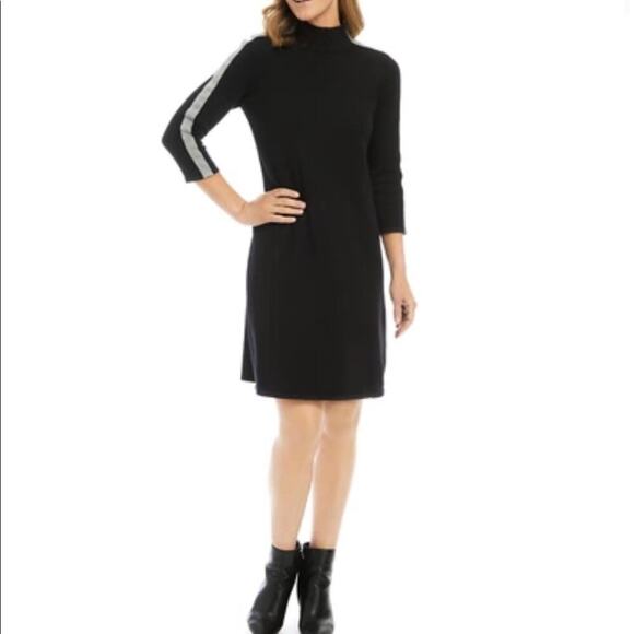 🆕 Nine West Women's Button Shoulder Stripe Sweater Dress black with grey stripe - Picture 1 of 13